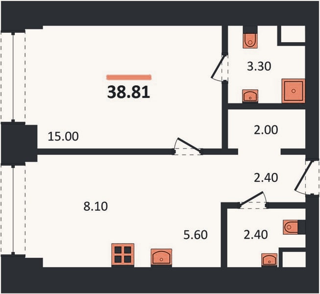 Планировка: 1-к, 38,8 м²