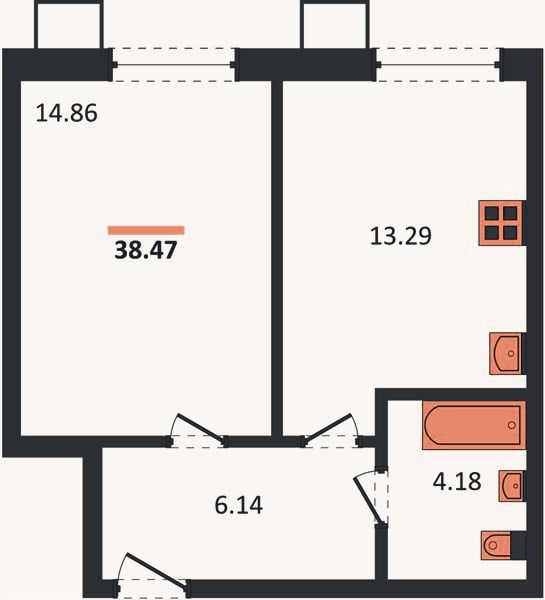 Планировка: 1-к, 38,5 м²
