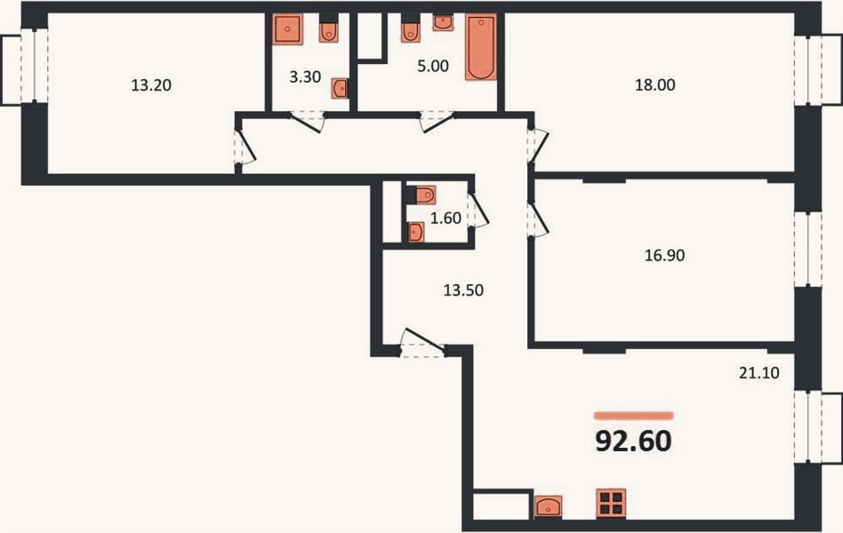 Планировка: 3-к, 92,6 м²