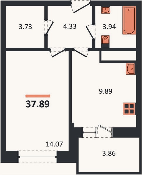 Планировка: 1-к, 37,9 м²