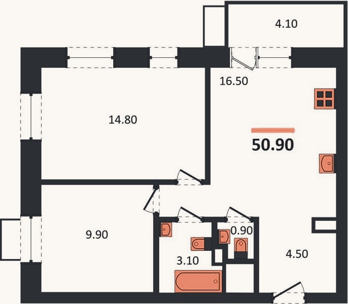 Планировка: 2-к, 50,9 м²