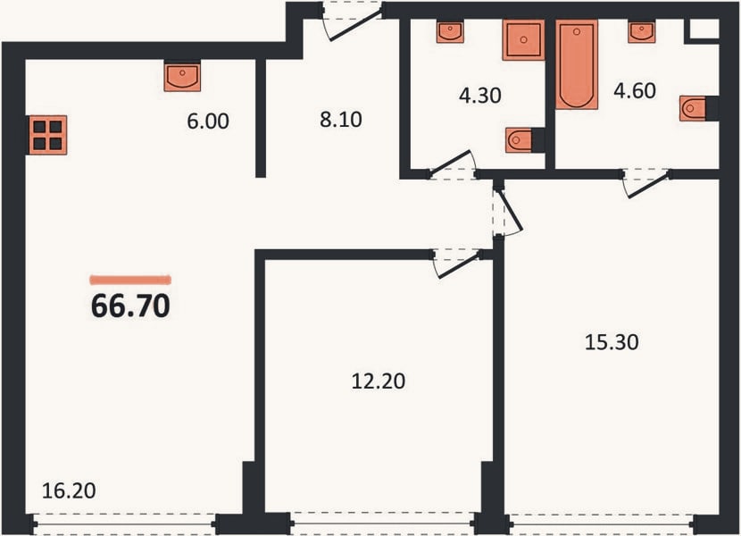 Планировка: 2-к, 66,7 м²