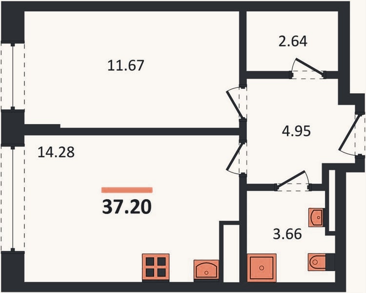 Планировка: 1-к, 37,2 м²