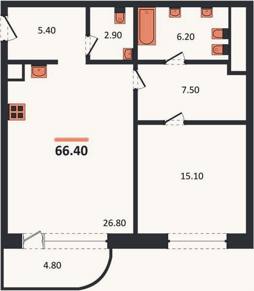 Планировка: 1-к, 66,4 м²