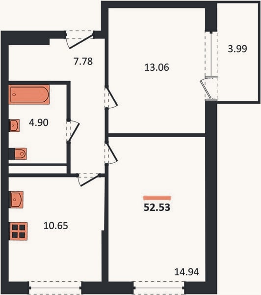 Планировка: 2-к, 52,5 м²