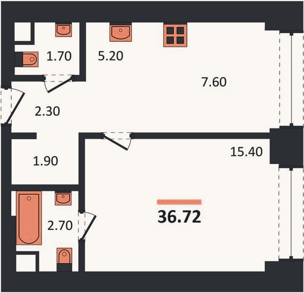 Планировка: 1-к, 36,7 м²