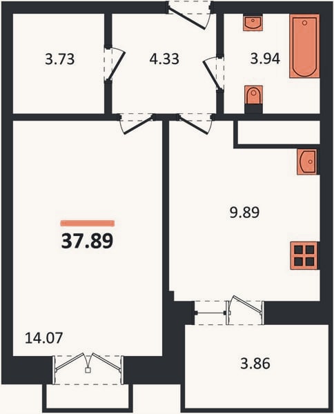 Планировка: 1-к, 37,9 м²
