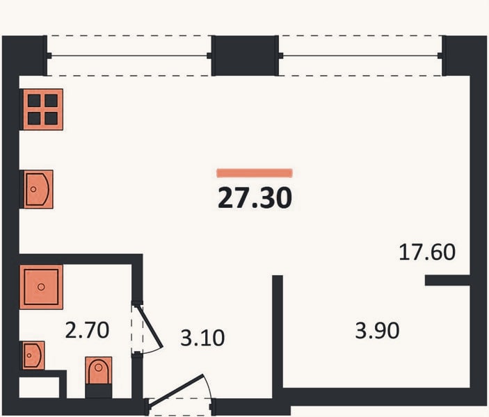 Планировка: Студия, 27,6 м²