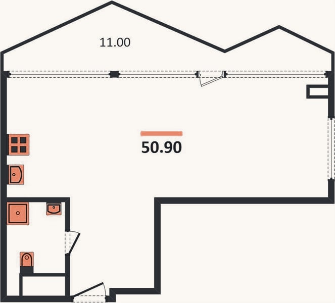 Планировка: 1-к, 50,9 м²