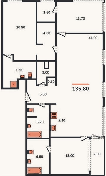 Планировка: 3-к, 135,8 м²