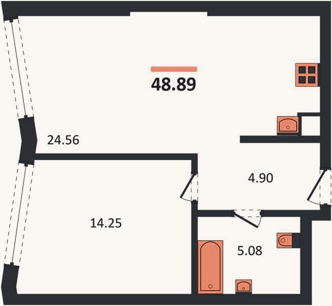 Планировка: 1-к, 48,9 м²