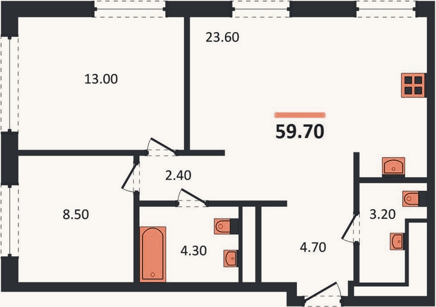 Планировка: 2-к, 58,6 м²