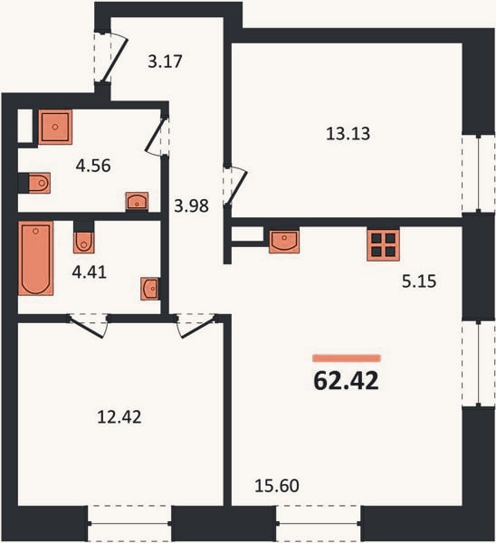 Планировка: 2-к, 62,4 м²