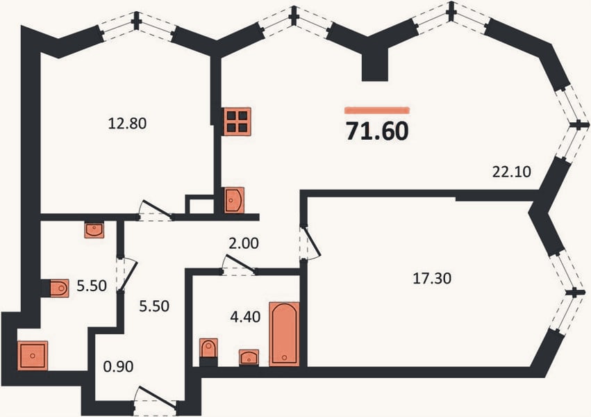 Планировка: 2-к, 71,6 м²