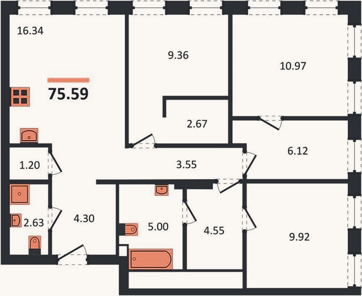 Планировка: 3-к, 75,6 м²