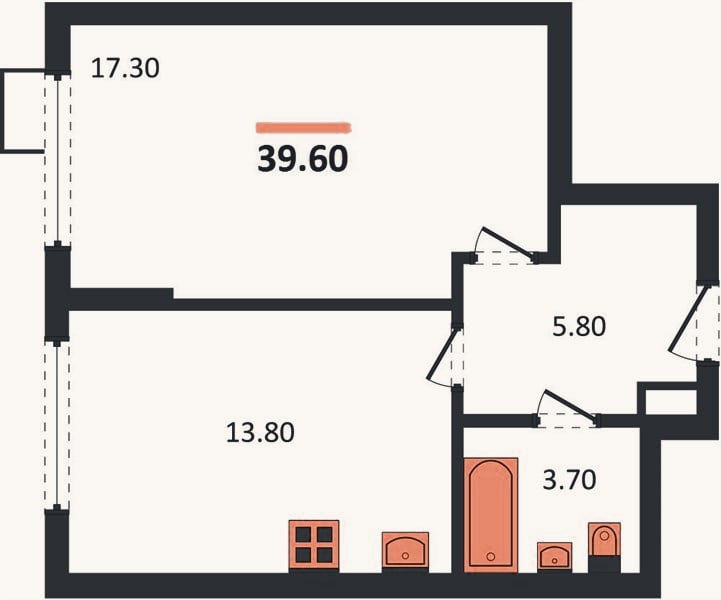 Планировка: 1-к, 39,6 м²