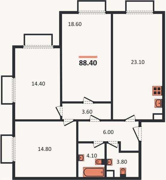 Планировка: 3-к, 88,4 м²