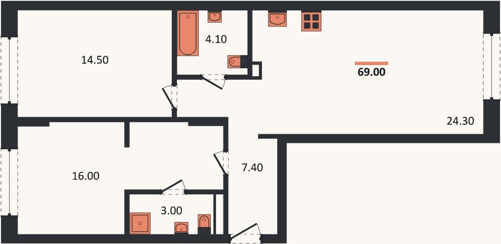 Планировка: 2-к, 69,3 м²