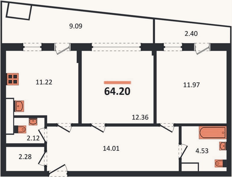 Планировка: 2-к, 63,6 м²