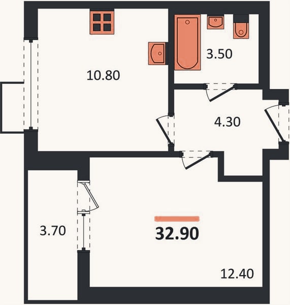 Планировка: 1-к, 32,7 м²