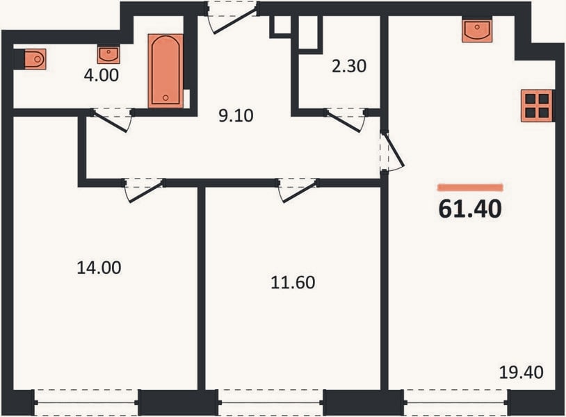 Планировка: 2-к, 61,4 м²