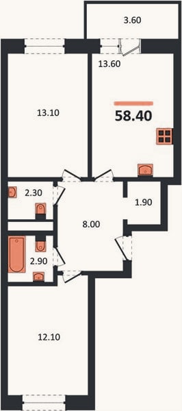 Планировка: 2-к, 58,4 м²