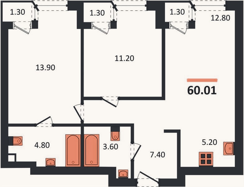 Планировка: 2-к, 60 м²