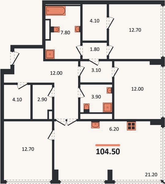 Планировка: 3-к, 104,5 м²