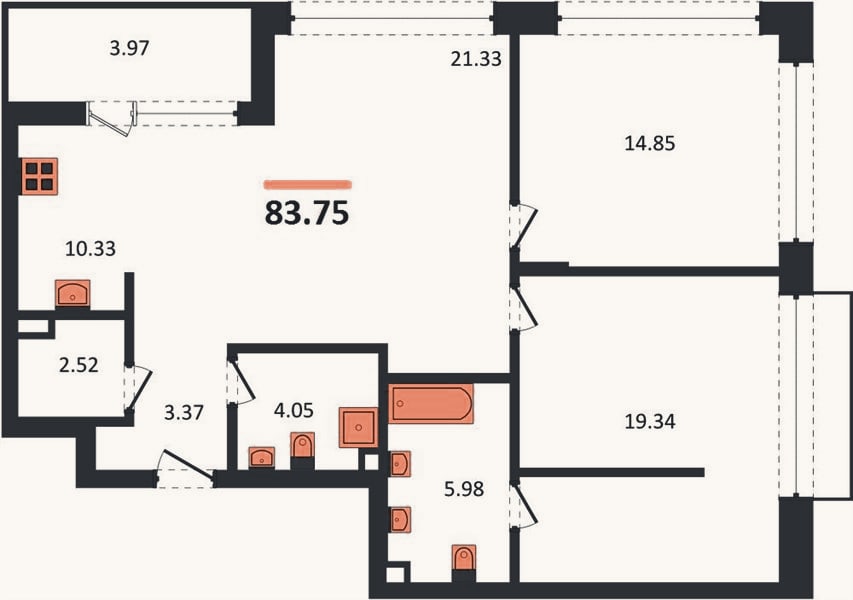 Планировка: 2-к, 83,8 м²