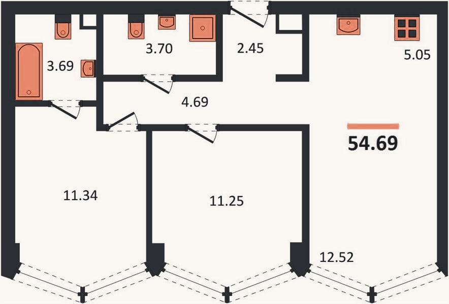 Планировка: 2-к, 54,7 м²