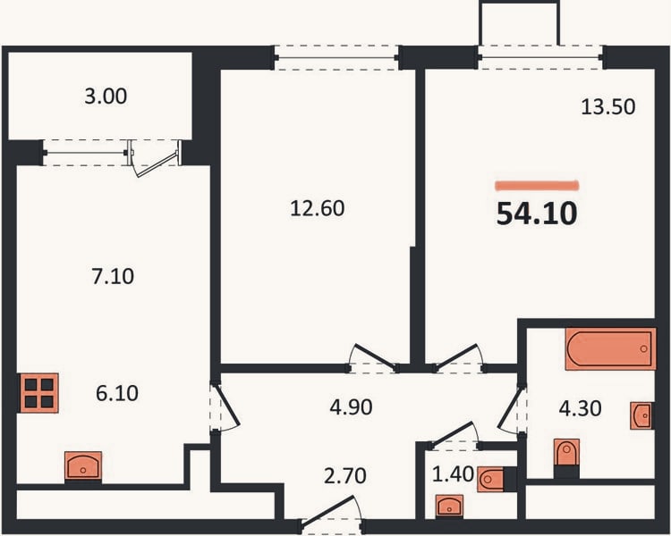 Планировка: 2-к, 54,1 м²
