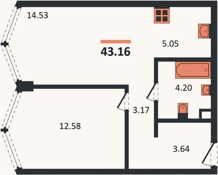 Планировка: 1-к, 43,2 м²