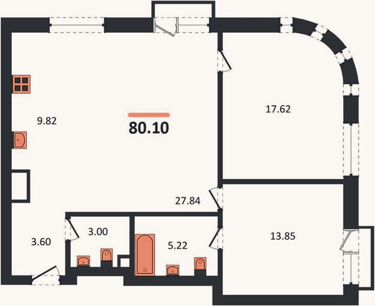 Планировка: 2-к, 80,1 м²