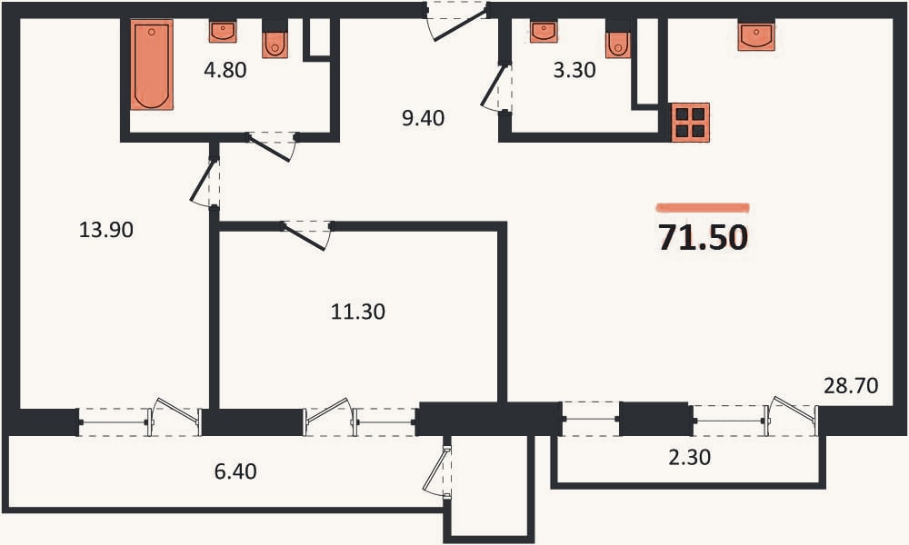 Планировка: 2-к, 71,5 м²