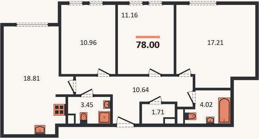 Планировка: 3-к, 78 м²