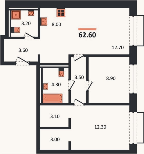 Планировка: 2-к, 62,6 м²