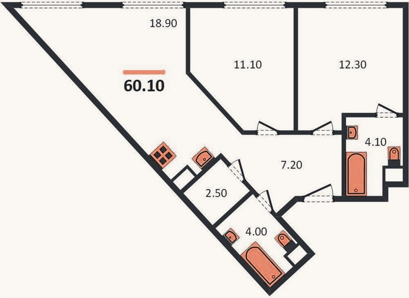 Планировка: 2-к, 60,1 м²