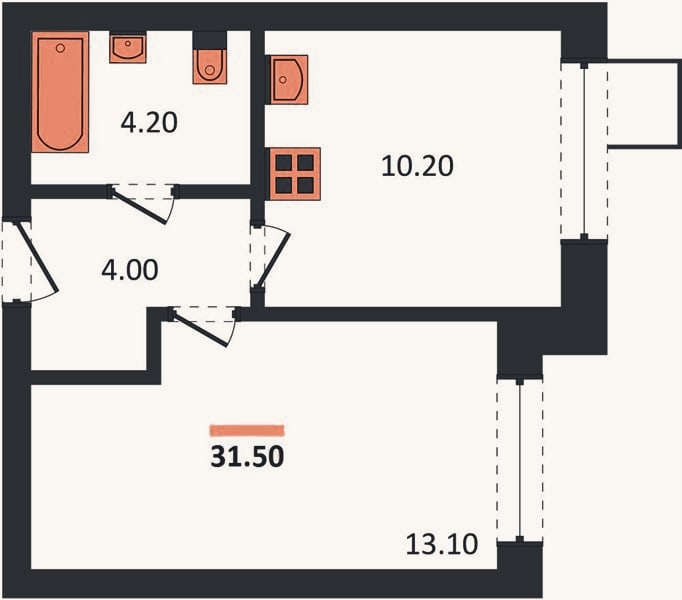 Планировка: 1-к, 31,5 м²