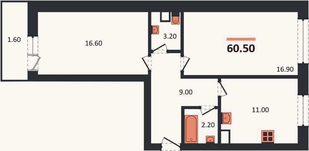 Планировка: 2-к, 60,5 м²