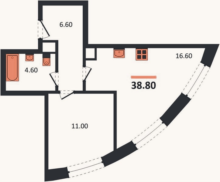 Планировка: 1-к, 38,8 м²