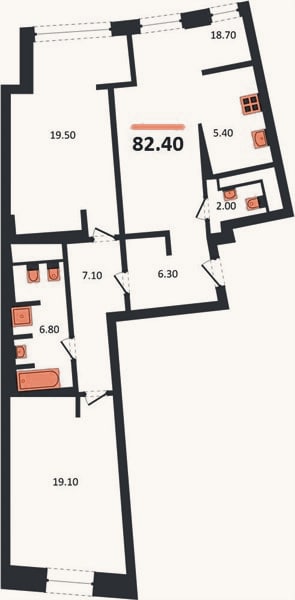 Планировка: 2-к, 82,4 м²