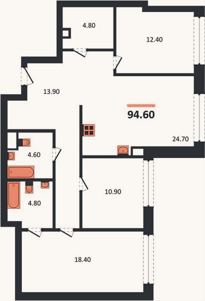 Планировка: 3-к, 94,6 м²