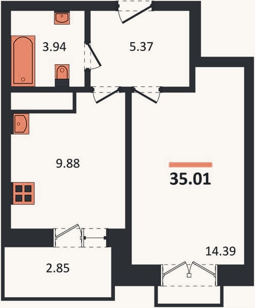 Планировка: 1-к, 35 м²