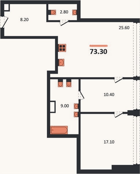 Планировка: 1-к, 73,3 м²