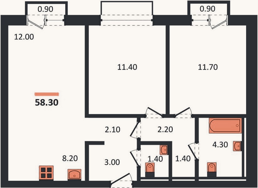 Планировка: 2-к, 58,3 м²