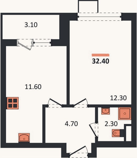 Планировка: 1-к, 32,4 м²