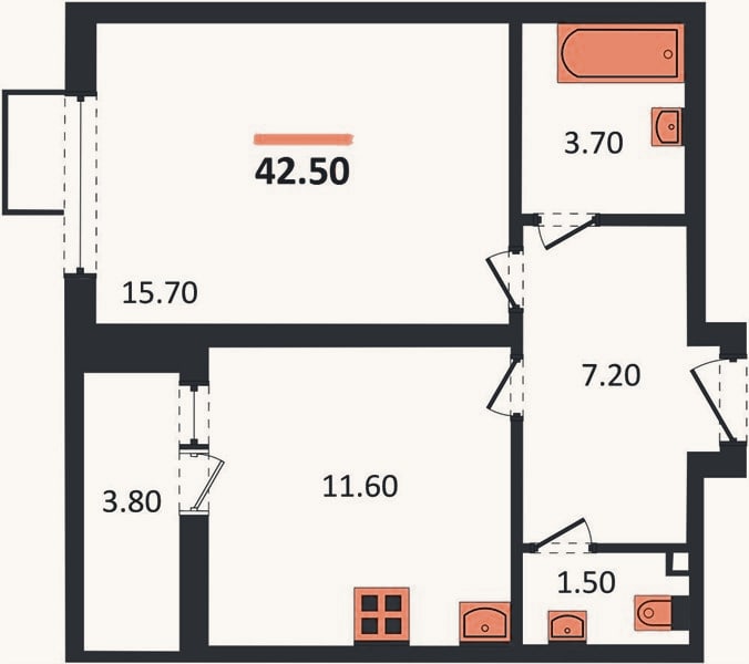 Планировка: 1-к, 42,5 м²