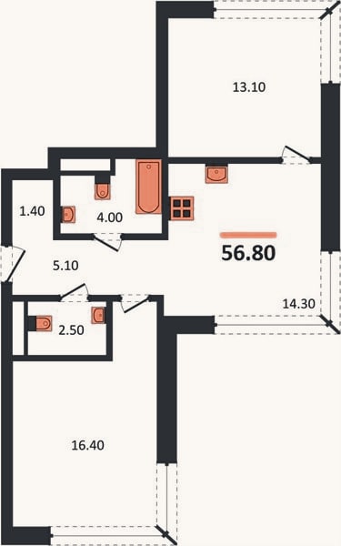 Планировка: 2-к, 56,8 м²
