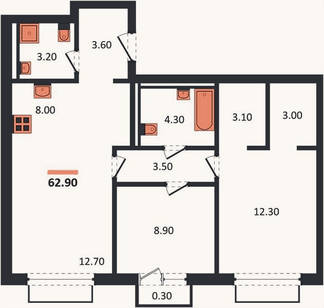 Планировка: 2-к, 62,9 м²