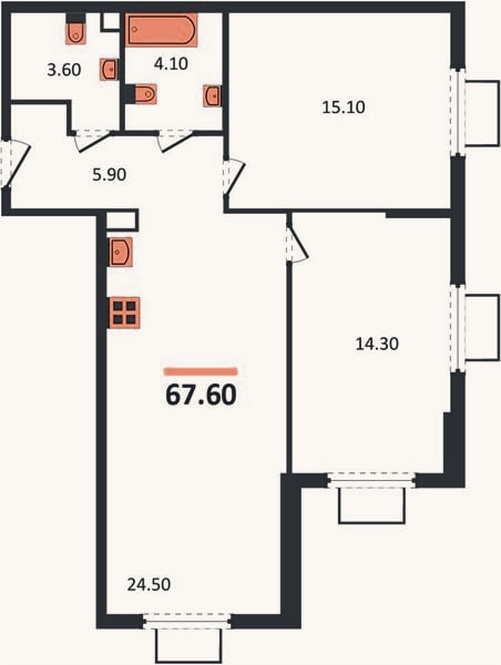 Планировка: 2-к, 67,6 м²